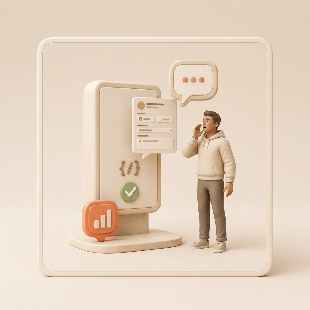 A microphone speaking into a chat bubble containing code brackets
